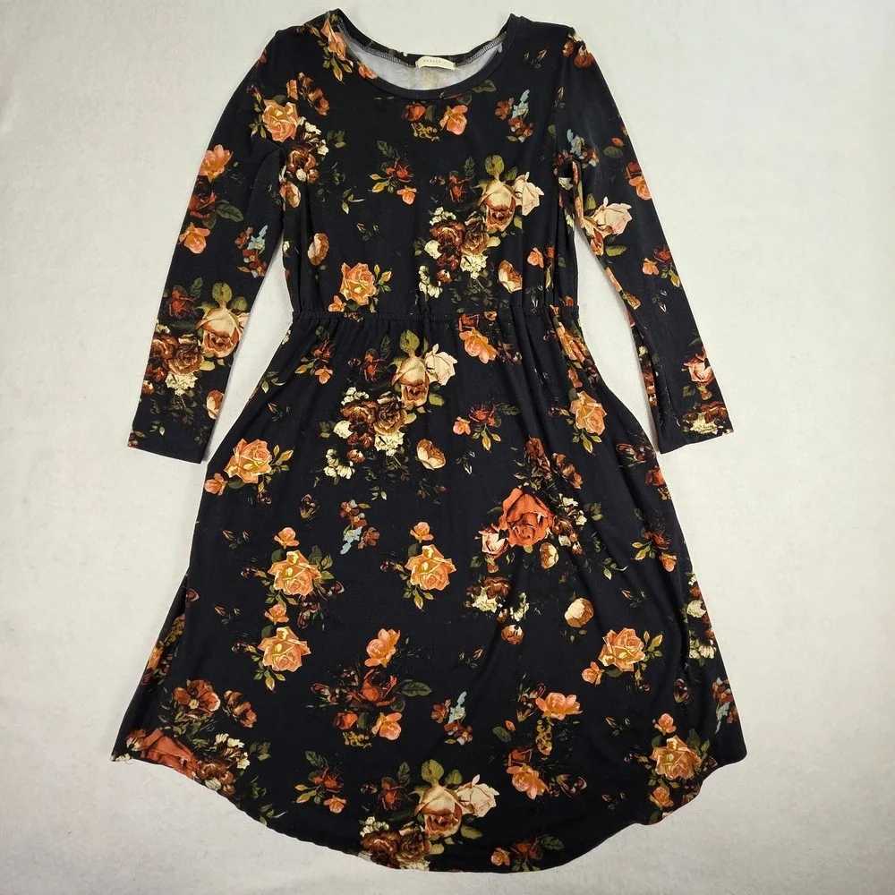 Reborn‎ J Women Large Midi Dress Black Floral Excellent Long Sleeve Pockets USA